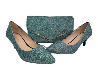 Peacock glitter shoes and bag, Matching set bag and shoes, Custom glitter mix peacock, Glitter shoes, Glitter bag, Glitter heels, Clutch bag