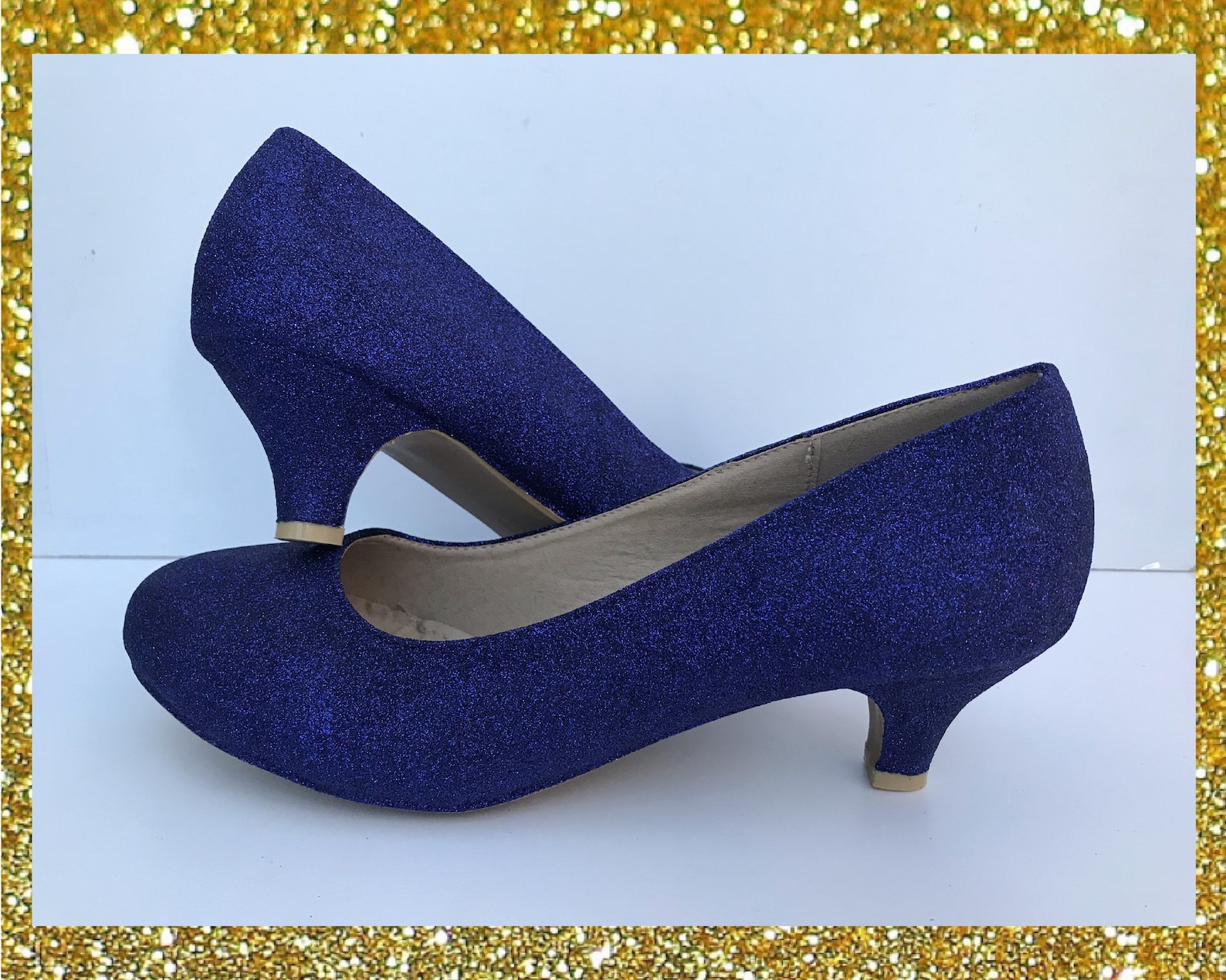 Navy Kitten Heels, Navy Glitter Shoes, Glitter Kitten Heels, Navy