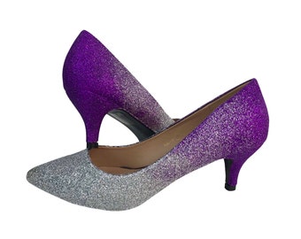Ombre heels glitter, Glitter ombre shoes, Point toe heels, Purple bridal shoes, Silver glitter shoes, Kitten heels, Low wedding shoes