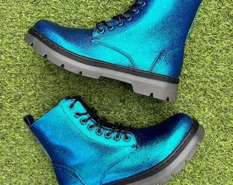 Siren Color Shift Glitter Combat Boots, Blue Turquoise Sparkle Shoes