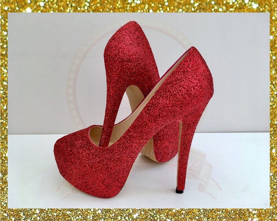 red sparkly platform heels