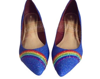 Rainbow Crystal Point Toe Kitten Heels  Royal Blue  Bridal  Wedding Shoes  Bridesmaid    Pride  Customised Shoes UK Size 3 4 5 6 7 8