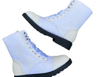 White lace combat boots, Combat lace boots, White lace boots, White bridal boots, Lace ankle boots, Altenative wedding, Custom combat boots