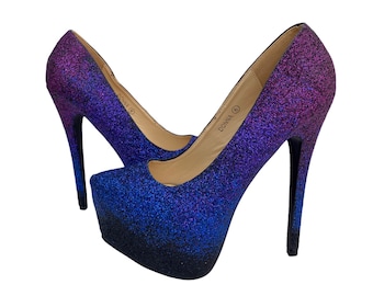 Purple Blue Ombre Glitter Platform Heels, Custom Sparkle Shoes