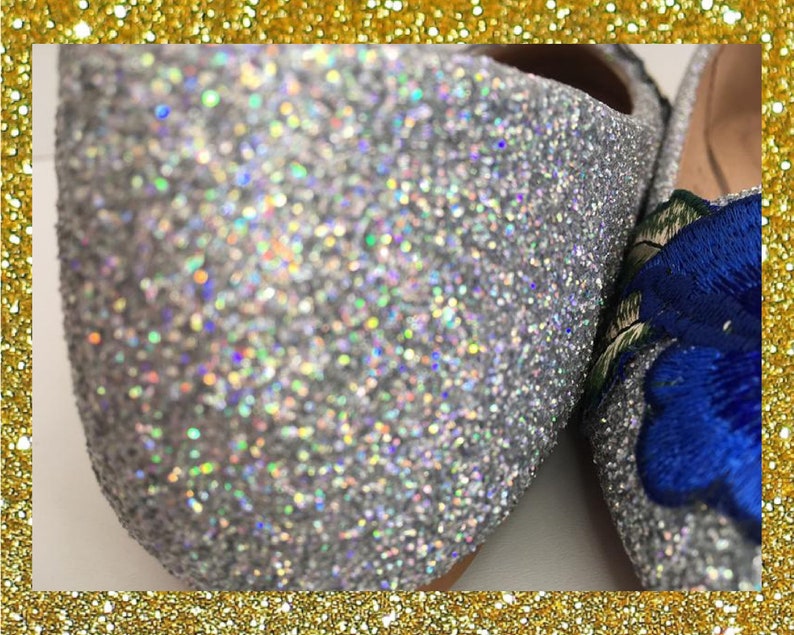 Blue rose glitter flats, Holo glitter flats, Royal blue ballet flats, Blue rose shoe, Womens flat shoes, Silver holo glitter, Something blue image 4