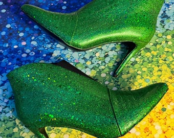 Holographic Green Glitter Heeled Boots, Wicked Ankle Boots