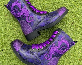 Purple dragon boots, Dragon lace boots, Purple lace boots, Purple bridal boots, Dragon ankle boots, Alternative wedding, Custom combat boots