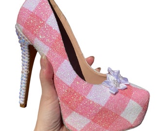 Pink gingham heels, pink glitter heels, Platform heels, Doll inspired shoes, Girly shoes, Stiletto heels, Movie shoes, Custom heels, Pink