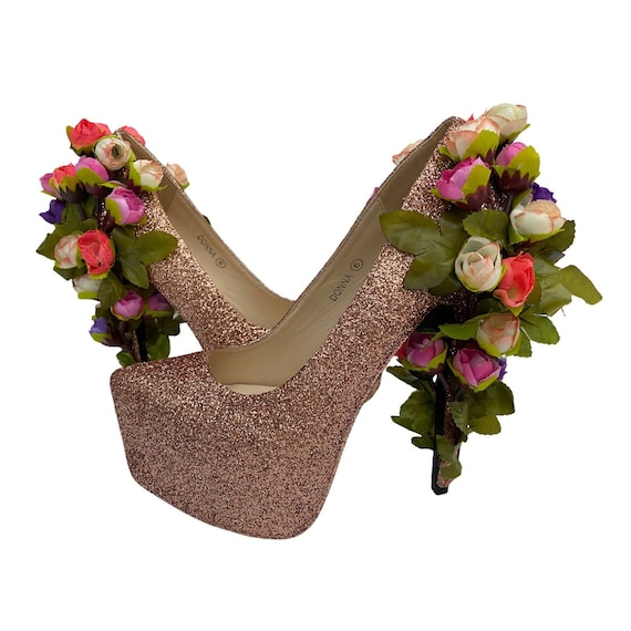 Tacones oro rosa tacones de flores rosas zapatos - Etsy México
