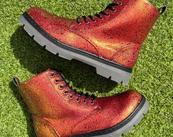 The Floor Is Lava Color Shift Glitter Combat Boots, Red Orange Gold Sparkle Shoes