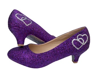 Linked hearts purple bridal shoes, Purple glitter wedding shoes, Wedding shoes kitten heel, Low wedding shoes, Custom made shoes, Heart shoe