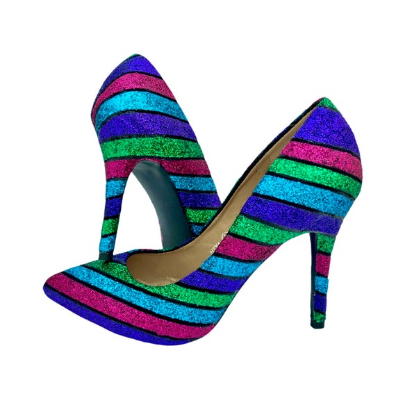 Glitter Stripe Heels Designer Glitter Heels Point Toe Heels Glitter Stripe Stilettos Designer Stripe Heels Custom Bridal Shoes Womens Etsy