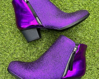 Purple Glitter Foil Heeled Ankle Boots, Shiny Zip Up Boots