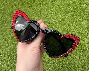 Black and red rhinestone sunglasses, Embellished sunglasses, Personalised glasses, Bling glasses, Accessory, Gift, Heart glasses, Festival