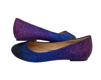 Purple blue ombre glitter flats, Ombre glitter flats, Glitter shoes, Blue glitter shoes, Glitter ballerina flats, Womens flat glitter shoes