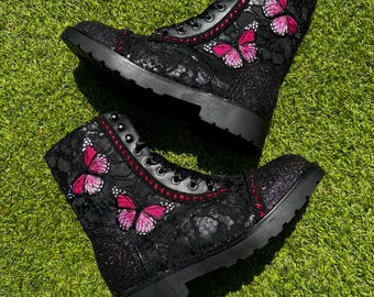 Pink Butterfly Combat Boots, Black Lace Ankle Boots, Alternative Wedding