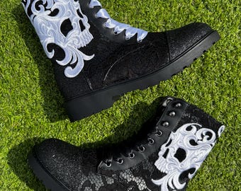 Lace skull boots, Skull lace boots, Black lace boots, Black bridal boots, Skull ankle boots, Altenative wedding, Custom combat boots