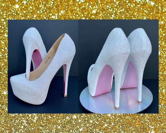 white glitter platform heels