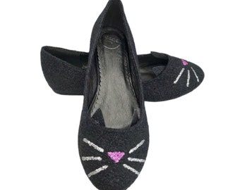 Black cat shoes, Cat ballet flats, Cat glitter shoes, Black cat flats, Cat shoes gift, Pet cat gift, Custom glitter shoes, Flat shoes womens