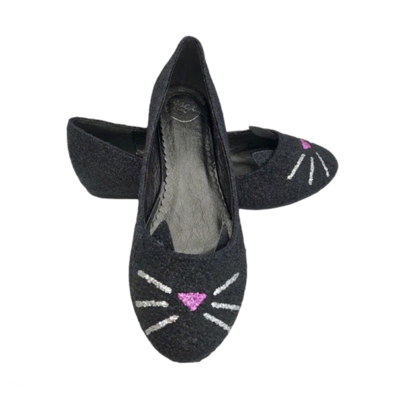 Black Cat Shoes Cat Ballet Flats Cat Glitter Shoes Black Etsy