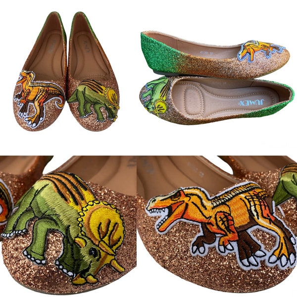 Dino glitter shoes, Flat glitter shoes, Ombre glitter shoes, Dinosaur pumps, Dinosaur ballet flats, Tyrannosaurus Rex, Triceratops, Quirky