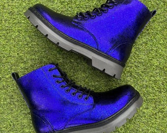 Nightshade Color Shift Glitter Schnürstiefel, Blau Schwarz Glitzer Schuhe