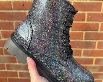 Customised Glitter Combat Boots, Holographic Silver Grey