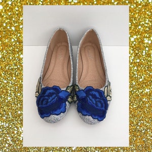 Blue rose glitter flats, Holo glitter flats, Royal blue ballet flats, Blue rose shoe, Womens flat shoes, Silver holo glitter, Something blue image 3