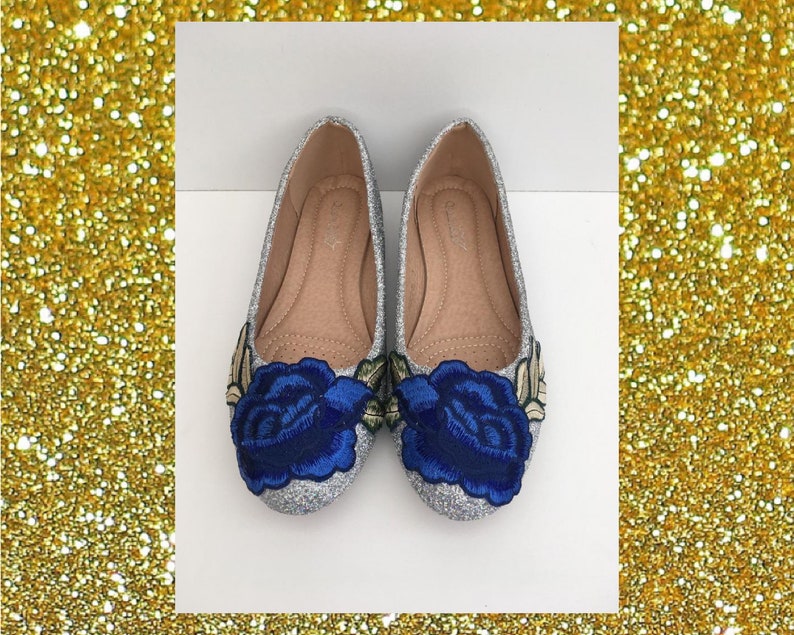 Blue rose glitter flats, Holo glitter flats, Royal blue ballet flats, Blue rose shoe, Womens flat shoes, Silver holo glitter, Something blue image 3