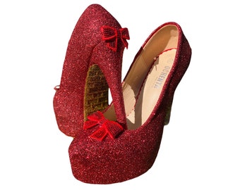 Wizard of Oz shoes, Ruby slipper shoes, Wizard of Oz gift, Red glitter heels, Platform heels, Glitter prom shoes, Wizard of Oz Dorothy