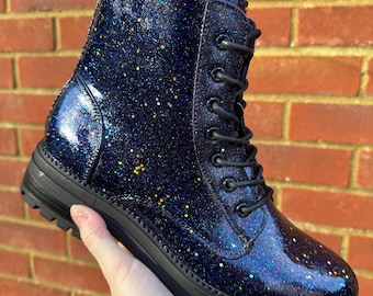 Starry Night Glitter Combat Boots, Women's Sparkly Holographic Boots