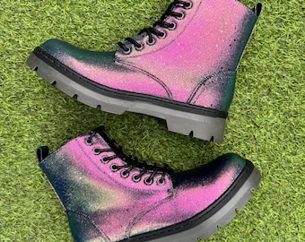 Northern Lights Color Shift Glitter Combat Boots, Pink Green Purple Sparkle Shoes