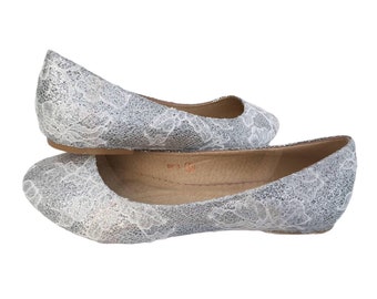 Silver glitter and lace shoes, Silver glitter shoes, Lace bridal shoes, Glitter and lace flats, Glitter ballerina flats, Silver bridal shoes