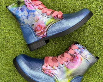 Floral Foil Glitter Combat Boots, Custom Bridal Shoes