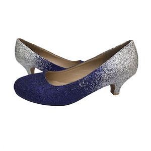 Blue Ombre heels glitter, Glitter ombre shoes, Ombre glitter heels, Blue bridal shoes, Silver glitter shoes, Kitten heels, Low wedding heels