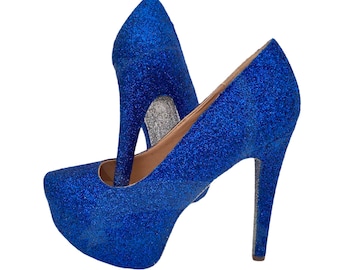 Dark Blue And Silver Glitter Heels  Platform Shoes  Bridal  Wedding  Bridesmaid    Party  Customised Shoes UK Size 3 4 5 6 7 8