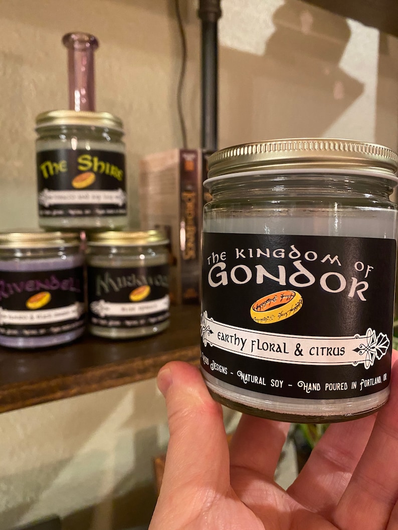 plus other fandoms. Lord of the Rings themed scented soy candle