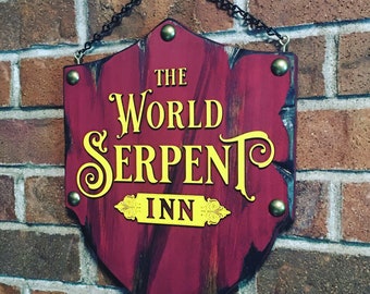 Customizable rustic wood tavern sign - The World Serpent