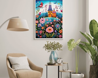 Colorful Floral Folk Art Print, Whimsical Home Decor (Digital Print)
