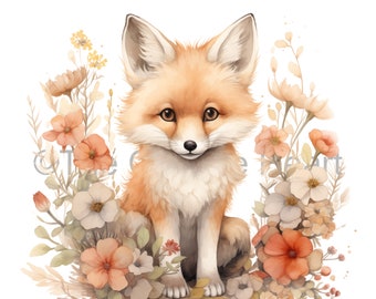 Soft Watercolour Fox Clipart, PNG, Floral Clipart, Digital Download, Cute, Adorable, High Resolution, 300 dpi, 3000 x 3000 px