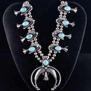 Vintage 1970's Sterling Silver Navajo Cabochon Turquoise Squash Blossom 180.3g
