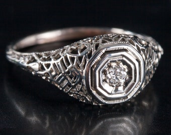 Vintage 1920s 18k White Gold Old Euro Diamond Filigree Engagement Ring .06ct