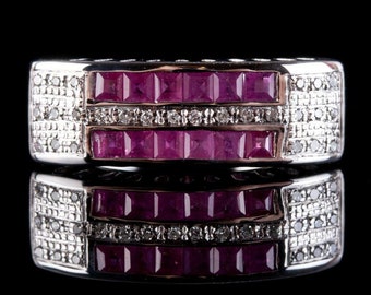 Vintage 1960's 18k White Gold Square Cut Ruby & Diamond Cocktail Ring .66ctw