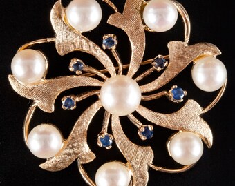 Vintage 1950's 14k Yellow Gold Cultured Pearl & Sapphire Brooch / Pin .28ctw