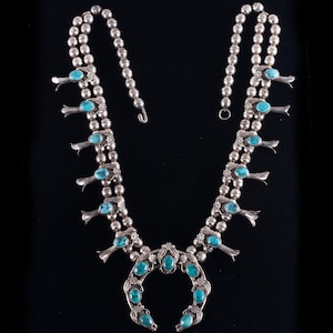 Vintage 1970&#39;s Sterling Silver Cabochon Turquoise Navajo Squash Blossom 77.4g