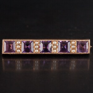 Vintage 1930&#39;s 14k Yellow Gold Amethyst Pearl Bar Style Brooch 1.60ctw 2.7g