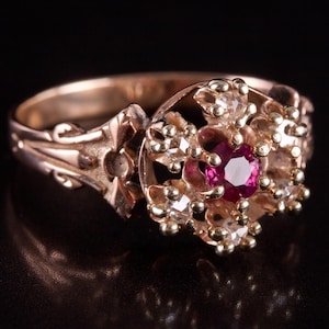 Vintage 1900s 10k Rose Yellow Gold Simulated Ruby & Natural Diamond Ring .105ctw