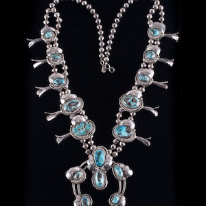 Vintage 1970&#39;s Sterling Silver Cabochon Turquoise Navajo Squash Blossom 214.9g