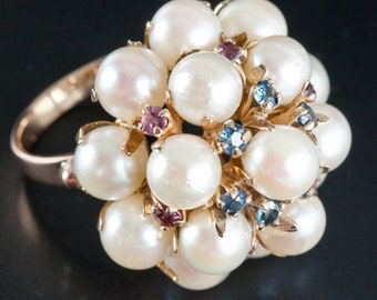 Vintage 1950's 14k Yellow Gold Cultured Pearl & Sapphire Statement Ring .48ctw