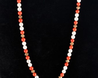 Vintage 1970's 14k Yellow Gold Round Bead Coral & Pearl Necklace 15.5" Length